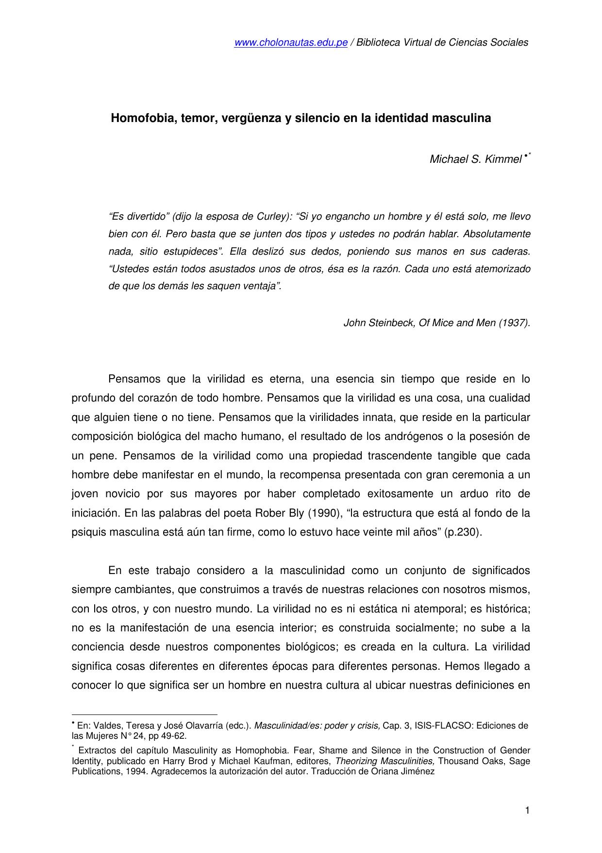 Homofobia, temor, vergüenza y silencio en la identidad masculina*